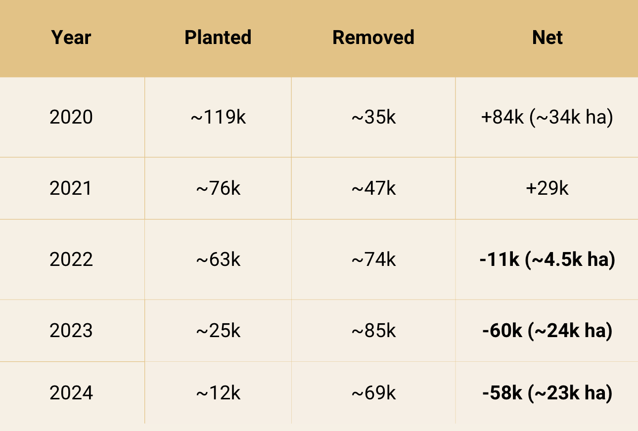 California almonds planted and removed, 2020 - 2024. Source: Demeter