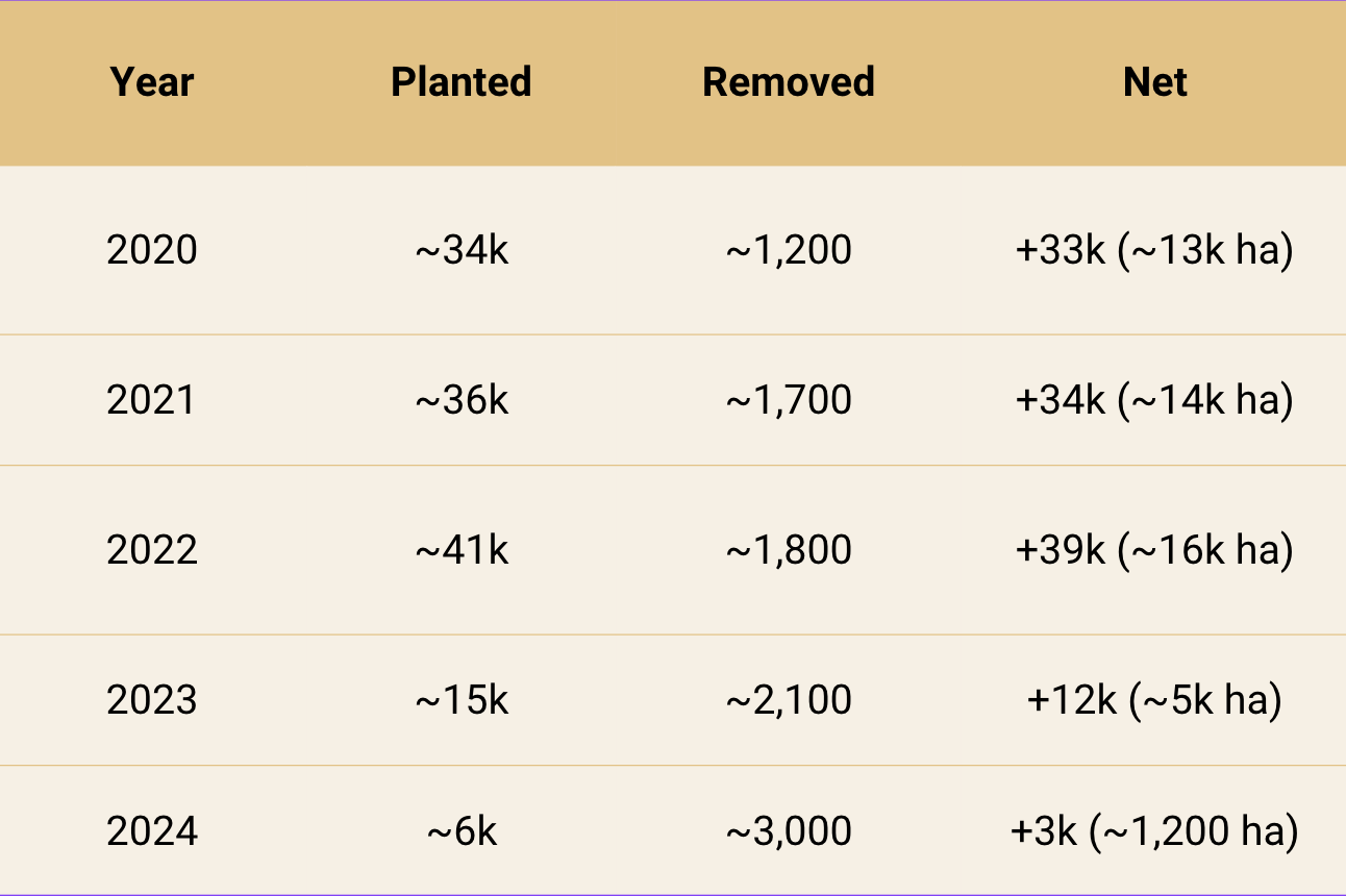 California pistachios planted and removed 2020-2024. Source: Demeter